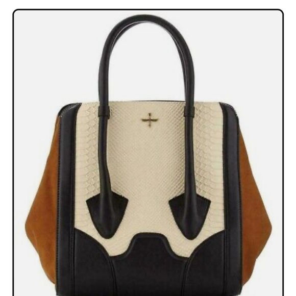 POUR LA VICTOIRE BUTLER EMBOSSED LEATHER COFFEE BONE BLACK LARGE TOTE BAG - Picture 1 of 11